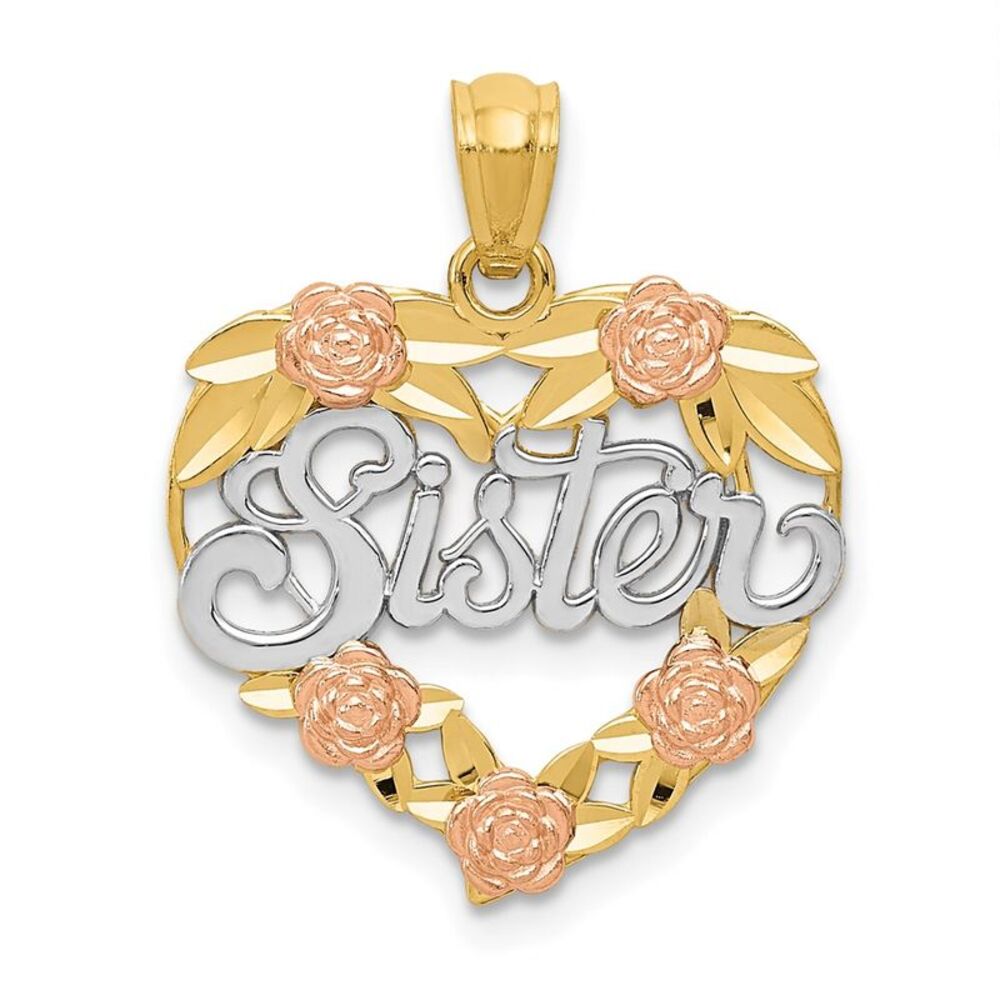 14k Two Tone Gold and White Rhodium Sister Heart Pendant, 18mm
